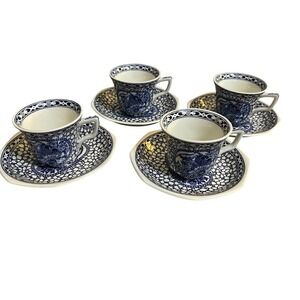 Adams‎ Made in England Blue White China Cup Saucer Set 4 Tea Coffee